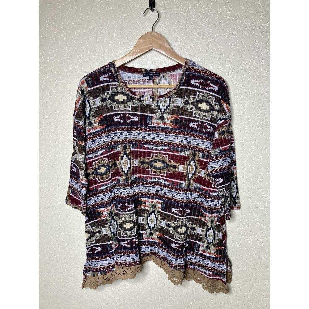 Signature Studio Knit Top Aztec 3/4 Sleeve Ribbed Asymmetrical Lace Trim XL